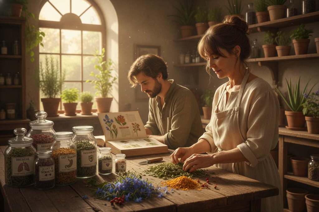 A serene herbalist's workshop featuring European characters engaged in the preparation of Arno Wolle's herbal mixtures. In the foreground, a middle-aged woman in modest casual clothing is blending a vibrant array of dried herbs and flowers on a wooden table, surrounded by colorful jars labeled for various health conditions. In the middle ground, a young man is examining a large book on herbal medicine, showcasing an open page filled with illustrations of plants and their benefits. The background reveals shelves lined with plants in pots, sunlight streaming through the window, creating a warm and inviting atmosphere. The scene conveys a sense of health, well-being, and the natural healing properties of these herbal blends, focusing on applications for respiratory issues, digestion, immune support, skin, joints, circulation, and urinary health.