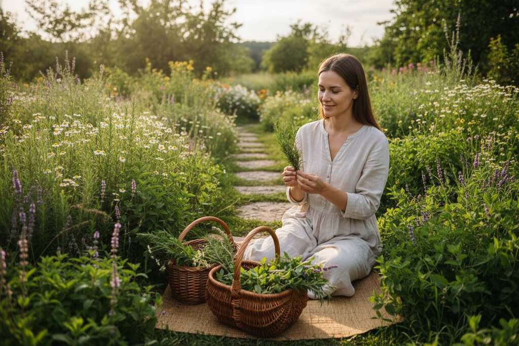 A serene, holistic health scene featuring a calm European woman in modest casual clothing, sitting peacefully in a sunlit herbal garden. She is surrounded by vibrant healing herbs and plants, reflecting the essence of nature’s healing philosophy. In the foreground, baskets filled with fresh herbs like chamomile, peppermint, and lavender. The middle layer showcases the woman, gently inspecting a fragrant sprig of rosemary, with a soft smile on her face, conveying tranquility. In the background, a softly blurred garden pathway leads to a lush landscape of greenery and blooming flowers, with dappled sunlight filtering through the leaves. The atmosphere is warm and inviting, evoking a sense of well-being and connection to nature. The lighting is soft and natural, suggesting a late afternoon ambiance. Focused using a wide-angle lens to capture the beauty of the surroundings.