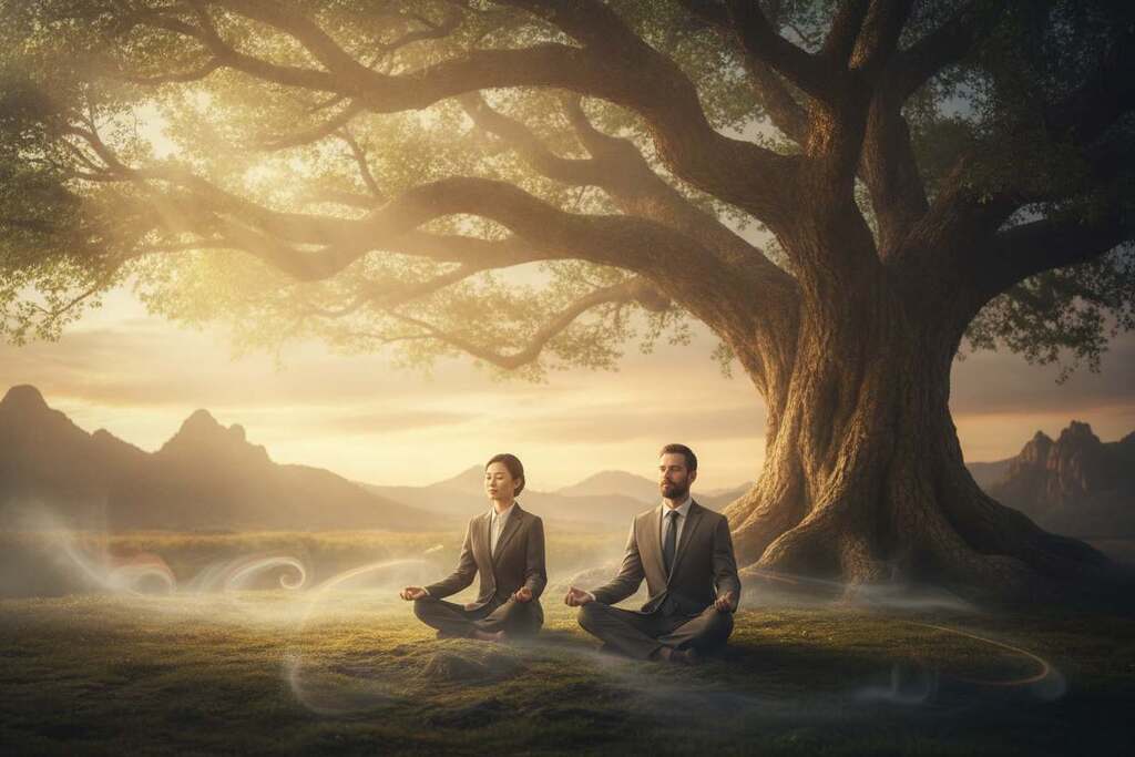 A serene landscape depicting the mystical exploration of consciousness. Foreground: a diverse group of individuals (one Asian and one European) dressed in professional business attire, engaged in deep meditation under a large ancient tree, symbolizing wisdom. Middle ground: soft, ethereal light filtering through the tree's leaves, creating a peaceful atmosphere, while wisps of gentle fog curl around their feet. Background: a softly glowing horizon, with hints of mountains and gently rolling hills, signifying the journey of spiritual awakening. The scene is bathed in warm, golden hour lighting, capturing a sense of tranquility and introspection, inviting viewers to reflect on the depth of mystical and spiritual experiences. The image evokes a sense of connection, exploration, and enlightenment, embodying the essence of original knowledge pathways. A serene landscape depicting the mystical exploration of consciousness. Foreground: a diverse group of individuals (one Asian and one European) dressed in professional business attire, engaged in deep meditation under a large ancient tree, symbolizing wisdom. Middle ground: soft, ethereal light filtering through the tree's leaves, creating a peaceful atmosphere, while wisps of gentle fog curl around their feet. Background: a softly glowing horizon, with hints of mountains and gently rolling hills, signifying the journey of spiritual awakening. The scene is bathed in warm, golden hour lighting, capturing a sense of tranquility and introspection, inviting viewers to reflect on the depth of mystical and spiritual experiences. The image evokes a sense of connection, exploration, and enlightenment, embodying the essence of original knowledge pathways.