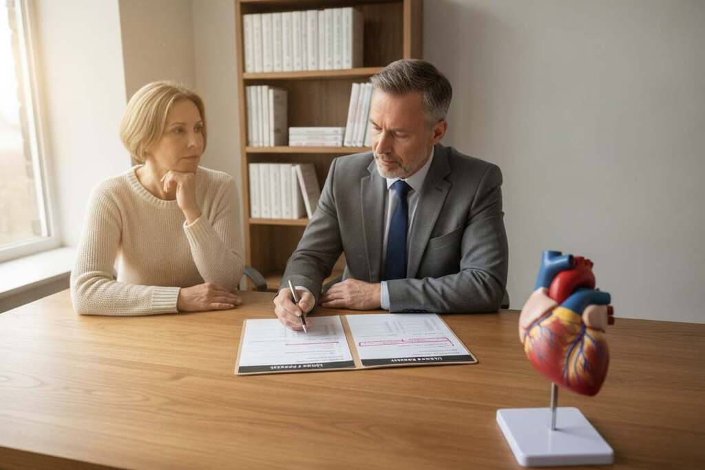 A serene medical consultation room featuring a European middle-aged male physician in a professional business attire, attentively discussing lipid-lowering medications with a middle-aged female patient, also dressed in modest casual clothing. The foreground focuses on a detailed anatomical model of the heart and arteries, symbolizing cardiovascular health. In the middle ground, an open medical chart displays cholesterol levels, with emphasis on lipid profiles. The background includes a well-organized shelf with medical books related to preventive medicine. Soft, natural lighting filters through a window, creating an uplifting and focused atmosphere. The angle slightly tilts from above to capture both the interactions and the informative elements, emphasizing the theme of primary prevention through effective lipid management. A serene medical consultation room featuring a European middle-aged male physician in a professional business attire, attentively discussing lipid-lowering medications with a middle-aged female patient, also dressed in modest casual clothing. The foreground focuses on a detailed anatomical model of the heart and arteries, symbolizing cardiovascular health. In the middle ground, an open medical chart displays cholesterol levels, with emphasis on lipid profiles. The background includes a well-organized shelf with medical books related to preventive medicine. Soft, natural lighting filters through a window, creating an uplifting and focused atmosphere. The angle slightly tilts from above to capture both the interactions and the informative elements, emphasizing the theme of primary prevention through effective lipid management.
