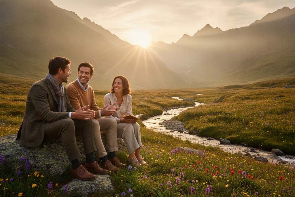 A serene mountain landscape at sunrise, with rays of golden light illuminating the peaks. In the foreground, a diverse group of three European individuals, dressed in smart casual attire, engage in deep conversation, embodying the essence of self-actualization and peak experiences. Their expressions reflect joy and insight, as if sharing profound realizations. The middle ground features vibrant wildflowers and a tranquil stream, symbolizing growth and life. The background showcases majestic mountains, partially shrouded in mist, suggesting the heights of human potential. The overall mood is uplifting and peaceful, conveying a sense of fulfillment and enlightenment in a natural setting, captured with a warm, soft focus and wide-angle perspective.