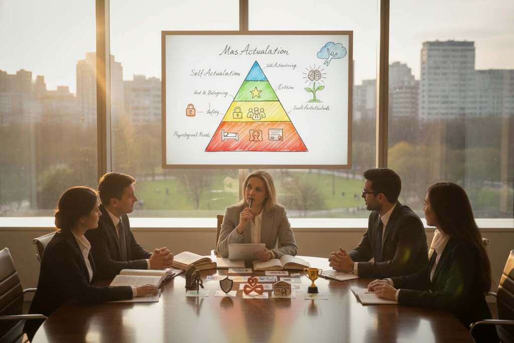A serene office setting where a European psychologist is thoughtfully analyzing Maslow's Hierarchy of Needs. In the foreground, a diverse group of professionals, dressed in smart business attire, engage in a lively discussion around a table filled with visual aids representing the five levels of the pyramid: physiological needs, safety needs, love and belonging, esteem, and self-actualization. The middle ground showcases a large, soft-lit whiteboard featuring a colorful depiction of Maslow's pyramid, beautifully illustrated with symbols for each level. In the background, large windows allow natural light to flood the room, creating a warm and inviting atmosphere. The mood is collaborative and inspiring, conveying the impact of Maslow's theories on humanistic psychology, with subtle lens flares enhancing the positivity in the workspace.