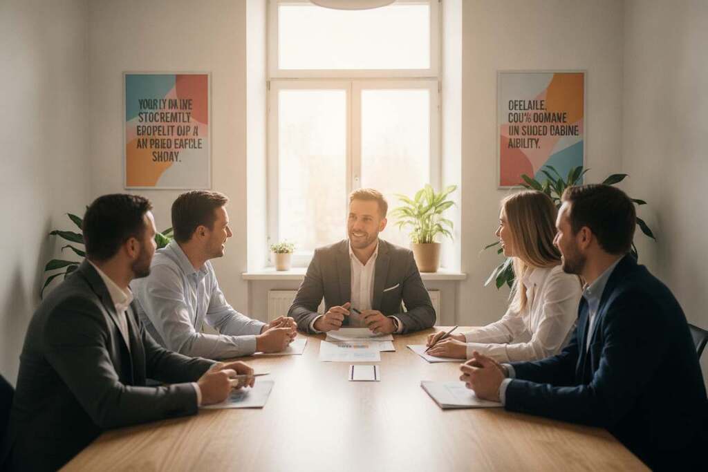 A serene office space designed for personal development and coaching, featuring a modern, minimalist aesthetic. In the foreground, a diverse group of professional individuals, including a European character in smart casual attire, engaged in a lively brainstorming session around a large, polished wooden table. Their expressions convey enthusiasm and collaboration. In the middle ground, motivational posters with abstract designs hang on the walls, emphasizing growth and potential. The background showcases a large window, letting in warm, natural light, with indoor plants that add a touch of nature. The overall mood is one of inspiration and positivity, creating a reflective atmosphere that invites exploration and personal growth. The image is captured from a slightly elevated angle to highlight interactions and atmosphere.