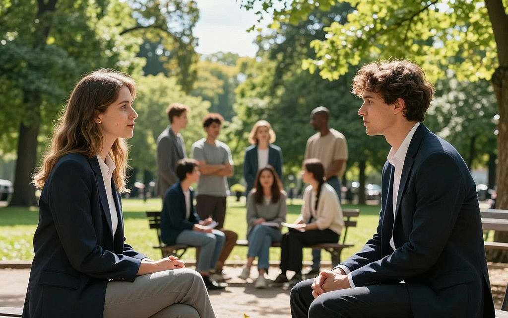 A serene park setting in the foreground features two individuals, one male and one female, engaging in a thoughtful conversation while sitting on a bench. Both are dressed in smart-casual clothing, reflecting an air of professionalism and approachability. In the middle ground, a small group of diverse people of European descent interact with one another, highlighting a sense of community and acceptance. The background features lush green trees under a bright blue sky, symbolizing openness and exploration. Soft, natural lighting bathes the scene, with rays of sunlight filtering through the leaves, creating a warm, inviting atmosphere. The composition captures a moment of connection and understanding regarding primary bisexuality, reflecting the complexity of sexual orientation choices in human relationships. A serene park setting in the foreground features two individuals, one male and one female, engaging in a thoughtful conversation while sitting on a bench. Both are dressed in smart-casual clothing, reflecting an air of professionalism and approachability. In the middle ground, a small group of diverse people of European descent interact with one another, highlighting a sense of community and acceptance. The background features lush green trees under a bright blue sky, symbolizing openness and exploration. Soft, natural lighting bathes the scene, with rays of sunlight filtering through the leaves, creating a warm, inviting atmosphere. The composition captures a moment of connection and understanding regarding primary bisexuality, reflecting the complexity of sexual orientation choices in human relationships.