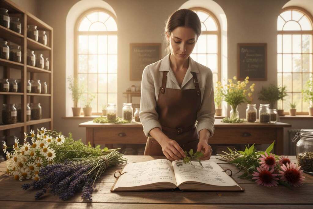 A serene, well-lit herbal workshop, featuring a European botanist in professional attire, meticulously arranging a colorful array of herbs on a large wooden table. In the foreground, vibrant herbs such as chamomile, lavender, and echinacea are neatly grouped, emphasizing their natural beauty. The middle of the scene showcases an open notebook filled with mathematical equations and diagrams, symbolizing the scientific approach to herbal medicine. The background reveals shelves filled with jars of dried herbs and natural remedies, softly illuminated by warm, natural light filtering through large windows. The atmosphere conveys a sense of calm and precision, highlighting the connection between nature and mathematics in herbal remedies.