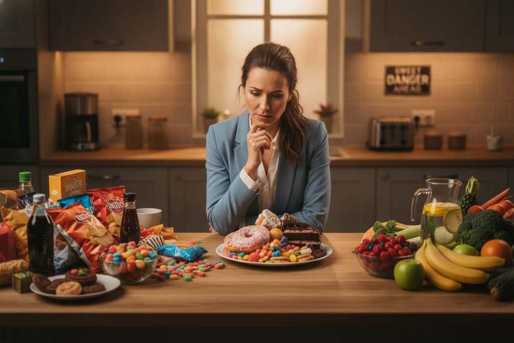 A striking image illustrating the concept of "Sugar Overload and Health." In the foreground, depict a concerned European woman, dressed in casual professional attire, examining a plate filled with colorful, sugary processed foods like donuts, cakes, and candies. In the middle ground, show a variety of processed food items displayed on a table, contrasting vibrant and unhealthy snacks with fresh fruits and vegetables. The background should include a kitchen setting, softly lit with warm lighting to create an inviting yet slightly alarming atmosphere, hinting at the dangers of excessive sugar consumption. The angle should be slightly overhead to capture the full scene, emphasizing the juxtaposition of health and indulgence, evoking a sense of awareness and caution. A striking image illustrating the concept of "Sugar Overload and Health." In the foreground, depict a concerned European woman, dressed in casual professional attire, examining a plate filled with colorful, sugary processed foods like donuts, cakes, and candies. In the middle ground, show a variety of processed food items displayed on a table, contrasting vibrant and unhealthy snacks with fresh fruits and vegetables. The background should include a kitchen setting, softly lit with warm lighting to create an inviting yet slightly alarming atmosphere, hinting at the dangers of excessive sugar consumption. The angle should be slightly overhead to capture the full scene, emphasizing the juxtaposition of health and indulgence, evoking a sense of awareness and caution.