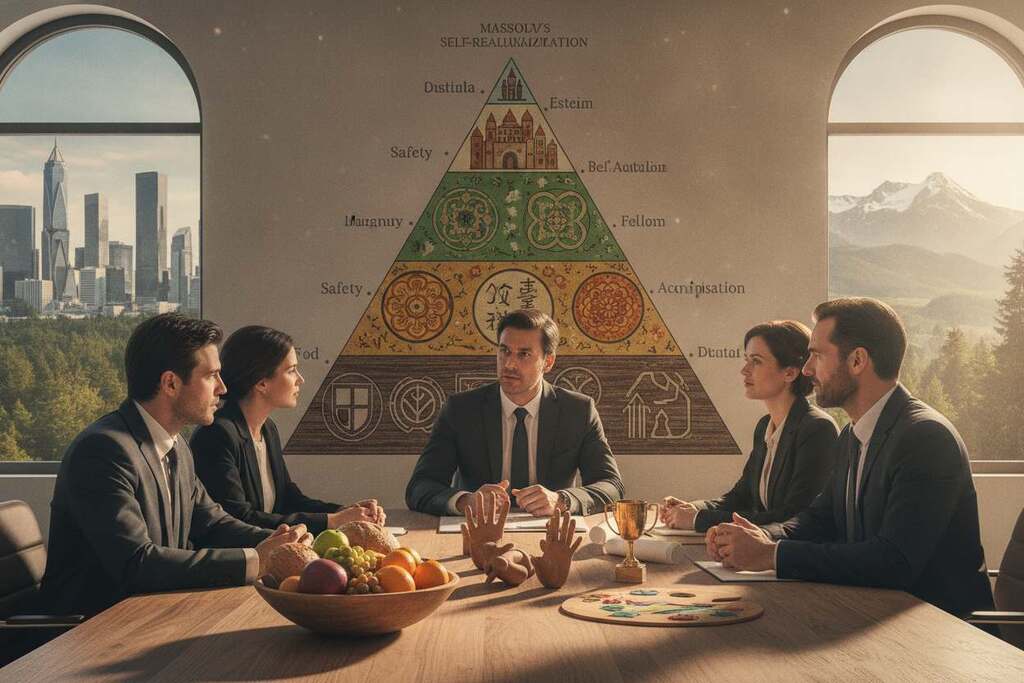 A thought-provoking scene depicting cultural differences in need structures and self-actualization. In the foreground, a diverse group of European professionals, dressed in business attire and engaged in a lively discussion around a large table filled with symbolic items representing various needs—food, community, creativity, and achievement. The middle ground features a mural illustrating Maslow's Pyramid, blending cultural motifs from different backgrounds, highlighting the connection between universal needs and cultural perspectives. The background showcases a harmonious blend of cityscape and nature, symbolizing the balance between material and spiritual fulfillment. Natural light filters through large windows, creating a warm and inviting atmosphere, emphasizing the importance of collaboration and understanding in addressing universal human needs.