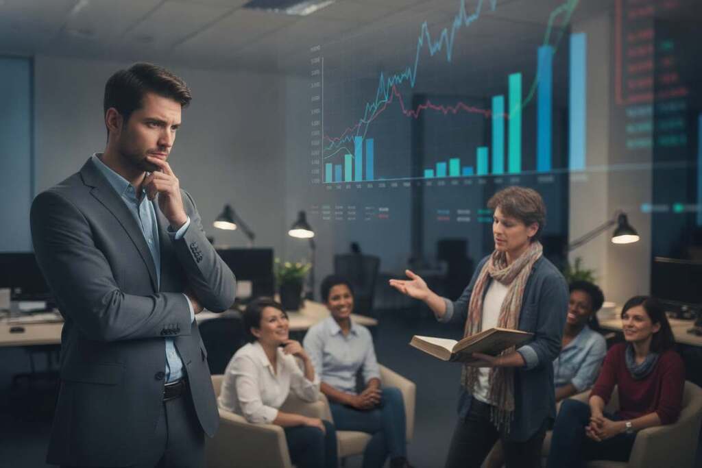 A thought-provoking scene illustrating the psychology of perception in numbers versus narratives. In the foreground, a European business professional in smart attire examines a large, transparent screen displaying fluctuating graphs and numerical data, their expression one of contemplation. In the middle ground, an engaging storyteller shares a captivating tale with an audience, their gestures animated and inviting. In the background, a blurred office environment suggests a corporate atmosphere, with dim, focused lighting illuminating the subjects. Use a narrow depth of field to create a sense of separation between the individuals and the context around them. The mood is analytical yet engaging, emphasizing the conflict between logical data and compelling stories.