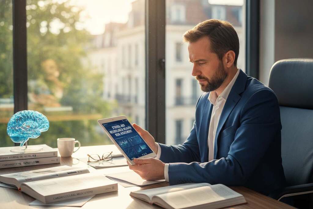 A thoughtful European doctor in a modern office setting, examining a digital tablet that displays medical data related to statins and neurological health. The foreground depicts the doctor, dressed in professional attire, with a concerned yet focused expression. In the middle ground, a desk is cluttered with medical journals and a model of a brain, symbolizing the complexities of neurological risks linked to statin use. The background features a bright, well-lit window that casts a warm natural light, highlighting a calm and professional atmosphere. The image captures a sense of critical inquiry and healing, emphasizing the balance between medical benefits and concerns. A thoughtful European doctor in a modern office setting, examining a digital tablet that displays medical data related to statins and neurological health. The foreground depicts the doctor, dressed in professional attire, with a concerned yet focused expression. In the middle ground, a desk is cluttered with medical journals and a model of a brain, symbolizing the complexities of neurological risks linked to statin use. The background features a bright, well-lit window that casts a warm natural light, highlighting a calm and professional atmosphere. The image captures a sense of critical inquiry and healing, emphasizing the balance between medical benefits and concerns.