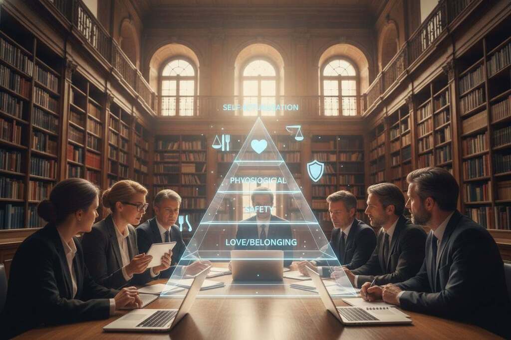 A thoughtful scene depicting a European academic environment, focusing on a large, detailed pyramid structure symbolizing Maslow's Hierarchy of Needs. In the foreground, a diverse group of professionals in business attire, including a woman with glasses and a man with a notepad, actively engage in discussion about the pyramid's critique and empirical evidence. In the middle ground, the pyramid is surrounded by floating icons representing each level of needs, subtly glowing to signify their importance. The background reveals a library filled with books and scientific journals, bathed in soft, warm lighting that creates an inviting yet serious atmosphere. The image captures a mood of intellectual rigor and collaboration, with an overall emphasis on scholarly analysis and discourse. The angle is slightly elevated, providing a comprehensive view of the discussion and the pyramid's significance.