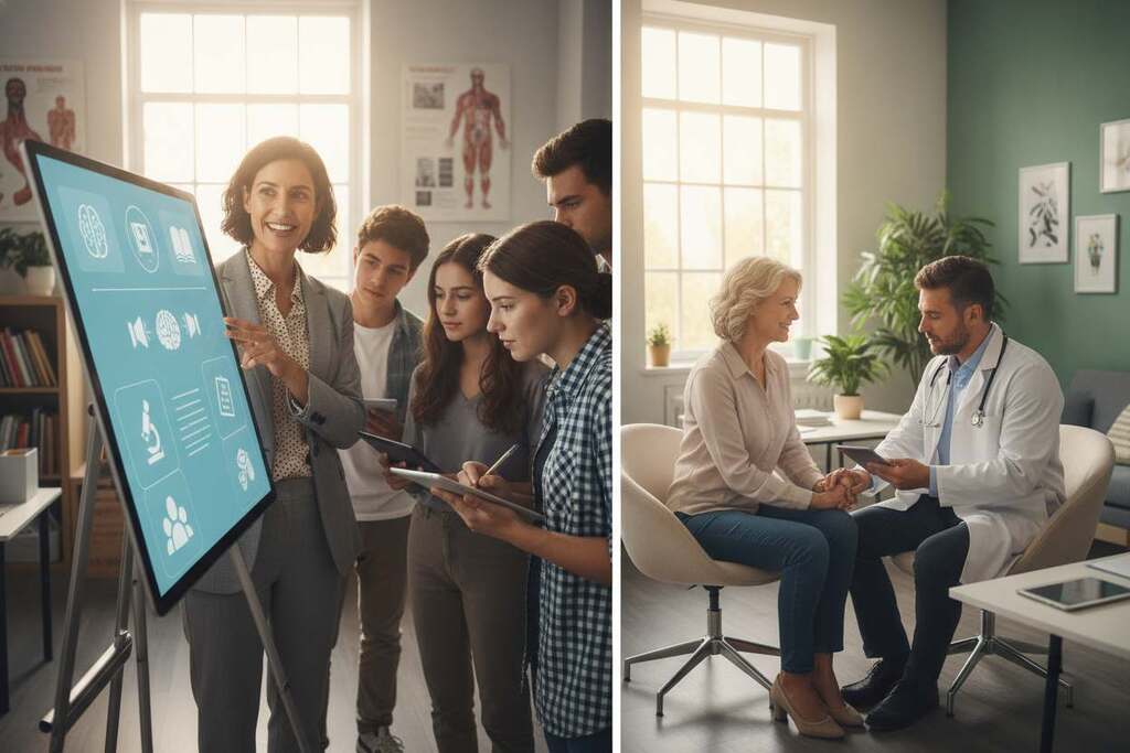 A vibrant and engaging scene depicting applications of education and healthcare, focusing on a diverse group of European professionals interacting in a modern classroom and a health clinic. In the foreground, a female teacher in professional attire enthusiastically points to a digital tablet displaying educational content, surrounded by attentive students. In the middle ground, a male doctor in a lab coat consults with a patient, who is seated comfortably, highlighting the human connection in healthcare. The background shows a blend of a bright, well-lit classroom with educational posters and a clean, inviting clinic filled with greenery. Soft natural lighting casts a warm glow, creating an atmosphere of inspiration and care. The composition evokes a sense of collaboration and well-being, emphasizing the core themes of education and health.