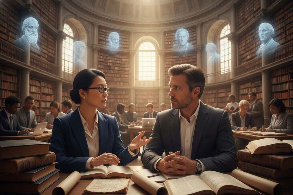 A vibrant scene depicting a symbolic awakening of the Western world, showcasing a diverse group of professionals deep in thought and discussion. In the foreground, an Asian woman in smart business attire and a European man in a tailored suit are engaged in dialogue, surrounded by books and ancient manuscripts, symbolizing the revival of lost knowledge. The middle ground features an expansive library filled with towering shelves of books and soft sunlight filtering through large windows, creating a warm, inviting atmosphere. In the background, ethereal images of scientific and philosophical icons like Aristotle and Galileo subtly blend with the architectural elements of the library. The mood is contemplative and inspiring, highlighting the resurgence of intellectual exploration. Use soft, natural lighting, with a depth of field that draws attention to the characters and illuminates the scholarly environment. A vibrant scene depicting a symbolic awakening of the Western world, showcasing a diverse group of professionals deep in thought and discussion. In the foreground, an Asian woman in smart business attire and a European man in a tailored suit are engaged in dialogue, surrounded by books and ancient manuscripts, symbolizing the revival of lost knowledge. The middle ground features an expansive library filled with towering shelves of books and soft sunlight filtering through large windows, creating a warm, inviting atmosphere. In the background, ethereal images of scientific and philosophical icons like Aristotle and Galileo subtly blend with the architectural elements of the library. The mood is contemplative and inspiring, highlighting the resurgence of intellectual exploration. Use soft, natural lighting, with a depth of field that draws attention to the characters and illuminates the scholarly environment.