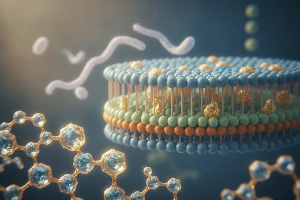 A vibrant, scientifically accurate illustration depicting cholesterol as a fundamental building block of every body cell. In the foreground, showcase a stylized representation of cholesterol molecules, visually engaging with intricate textures and colors. In the middle ground, display a cross-section of a human cell, highlighting the lipid bilayer with cholesterol embedded in its structure, symbolizing cellular health and function. In the background, subtly depict a healthy immune response, represented by dynamic immune cells patrolling around the cell structure. The scene should be bathed in soft, natural lighting, creating a warm and informative atmosphere. Use a macro lens effect to emphasize details, ensuring the focus remains on the cholesterol and cell components while maintaining a sense of scientific discovery and clarity. A vibrant, scientifically accurate illustration depicting cholesterol as a fundamental building block of every body cell. In the foreground, showcase a stylized representation of cholesterol molecules, visually engaging with intricate textures and colors. In the middle ground, display a cross-section of a human cell, highlighting the lipid bilayer with cholesterol embedded in its structure, symbolizing cellular health and function. In the background, subtly depict a healthy immune response, represented by dynamic immune cells patrolling around the cell structure. The scene should be bathed in soft, natural lighting, creating a warm and informative atmosphere. Use a macro lens effect to emphasize details, ensuring the focus remains on the cholesterol and cell components while maintaining a sense of scientific discovery and clarity.