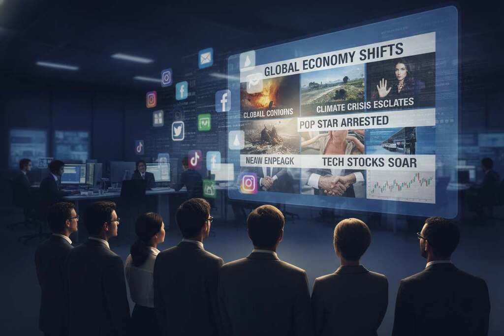 A visually striking composition illustrating the concepts of salience and attention bias in the media world. In the foreground, a diverse group of European professionals in business attire, attentively watching a large screen displaying vivid media headlines and images, showcasing various news topics. The middle layer features a blurred montage of social media icons and news articles, symbolizing the overwhelming information flow. In the background, a dimly lit newsroom environment, with glowing computer screens and journalists in action, creating an atmosphere of urgency and focus. Soft, dramatic lighting highlights the faces of the professionals, emphasizing their concentration. The overall mood is one of intense scrutiny and engagement, reflecting the theme of how media shapes importance.