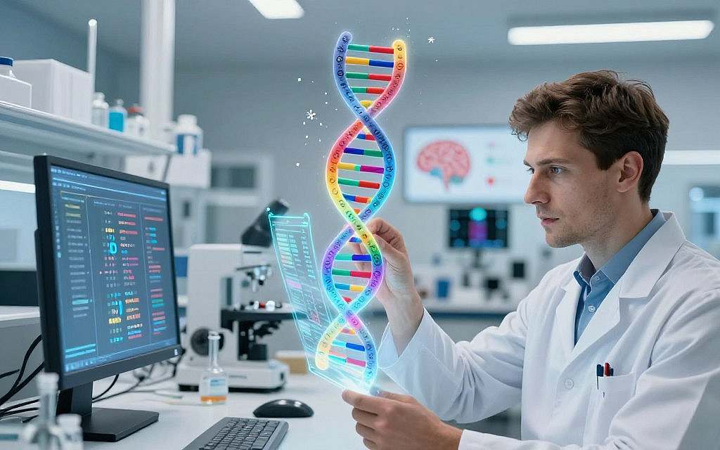 A visually striking illustration depicting the genetic factors in homosexuality. In the foreground, a researcher, an East European male in a professional lab coat, examines DNA sequences on a holographic display, representing genetic research. In the middle ground, there are DNA strands and chromosomes artistically intertwined with symbols of diversity, such as rainbow colors that subtly merge into the strands. The background features a modern laboratory filled with sleek equipment and charts representing brain activity, enhancing the theme of scientific inquiry. Bright yet soft lighting illuminates the scene, creating an atmosphere of discovery and professionalism. A macro lens effect captures the intricate details of the DNA while maintaining a slight blur in the background, emphasizing the focus on genetics. A visually striking illustration depicting the genetic factors in homosexuality. In the foreground, a researcher, an East European male in a professional lab coat, examines DNA sequences on a holographic display, representing genetic research. In the middle ground, there are DNA strands and chromosomes artistically intertwined with symbols of diversity, such as rainbow colors that subtly merge into the strands. The background features a modern laboratory filled with sleek equipment and charts representing brain activity, enhancing the theme of scientific inquiry. Bright yet soft lighting illuminates the scene, creating an atmosphere of discovery and professionalism. A macro lens effect captures the intricate details of the DNA while maintaining a slight blur in the background, emphasizing the focus on genetics.