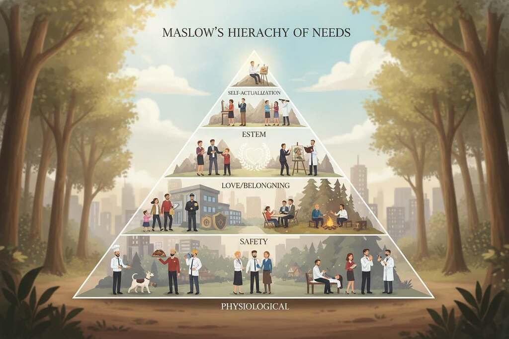 A visually striking illustration of Maslow's hierarchy of needs, featuring a pyramid structure symbolizing the five levels: physiological, safety, love/belonging, esteem, and self-actualization. In the foreground, diverse European characters are depicted in professional attire, representing individuals from different walks of life, engaging in activities that illustrate each need level. The middle layer showcases a serene landscape, blending elements of nature and urban life to symbolize safety and community. In the background, soft-focus light filters through trees, creating a warm, inviting atmosphere that promotes a sense of well-being. The overall mood is hopeful and inspiring, with balanced lighting that highlights the interplay of human connection and personal growth. The angle captures the pyramid's significance, emphasizing its foundational role in human behavior and happiness.