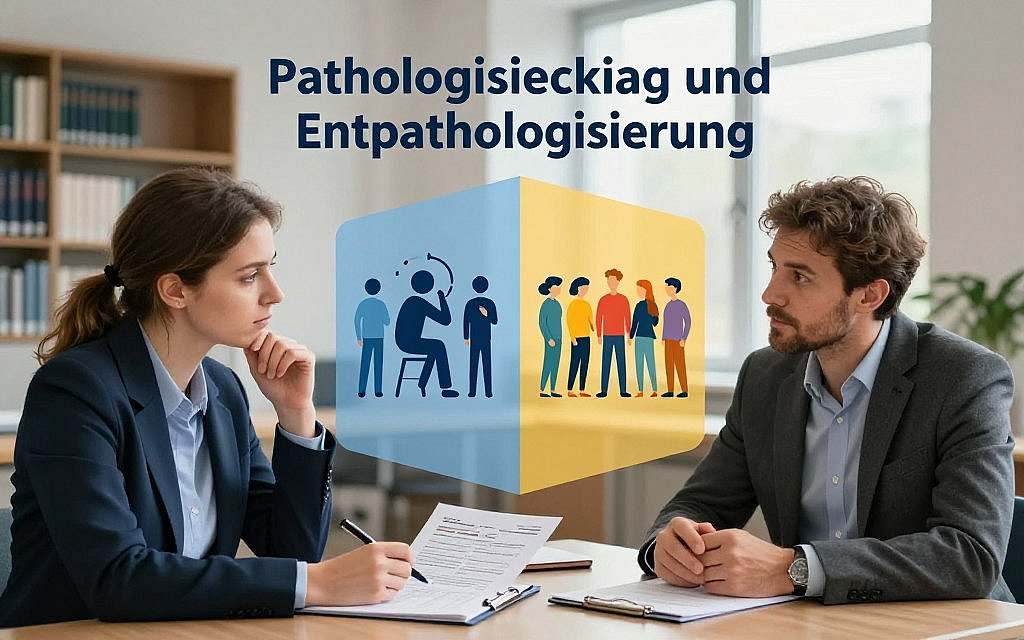 A visually striking image representing the theme of "Pathologisierung und Entpathologisierung" in a German survey context. In the foreground, depict two professionals, one male and one female, both of European descent, engaged in a thoughtful discussion over survey results. They are dressed in business attire, showcasing a serious but approachable demeanor. In the middle ground, a stylized infographic emerges, illustrating key survey findings on a split canvas: one side representing pathologization symbols like a distressed figure, and the other side showing entpathologization with harmonious imagery, such as diverse individuals standing together. The background features an academic setting, with shelves of books and soft, natural lighting filtering through large windows, creating an atmosphere of inquiry and reflection, emphasizing the contrast between the two concepts. A visually striking image representing the theme of "Pathologisierung und Entpathologisierung" in a German survey context. In the foreground, depict two professionals, one male and one female, both of European descent, engaged in a thoughtful discussion over survey results. They are dressed in business attire, showcasing a serious but approachable demeanor. In the middle ground, a stylized infographic emerges, illustrating key survey findings on a split canvas: one side representing pathologization symbols like a distressed figure, and the other side showing entpathologization with harmonious imagery, such as diverse individuals standing together. The background features an academic setting, with shelves of books and soft, natural lighting filtering through large windows, creating an atmosphere of inquiry and reflection, emphasizing the contrast between the two concepts.