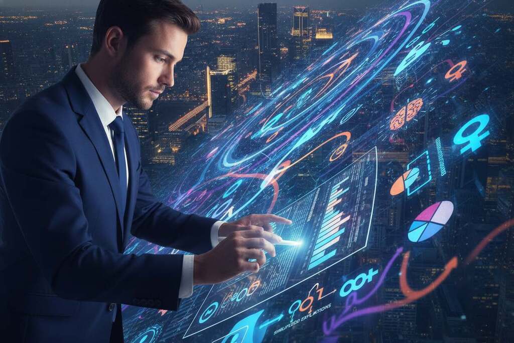 A visually striking representation of "algorithms and attention economy," featuring a European businessperson in the foreground, dressed in professional attire, analyzing data on a digital screen. In the middle, a flow of vibrant, interconnected digital symbols such as graphs, social media icons, and brain imagery, illustrating the complex interplay of psychology, media, and politics. The background is a modern cityscape, symbolizing the bustling digital landscape, illuminated by soft, warm lighting that conveys an atmosphere of intrigue and urgency. The angle is slightly elevated, providing depth and perspective to the scene, while fostering a mood of contemplation around the power of simplified explanations in influencing perception and decision-making. The overall composition should evoke a sense of dynamism and relevance in today’s information-driven world.