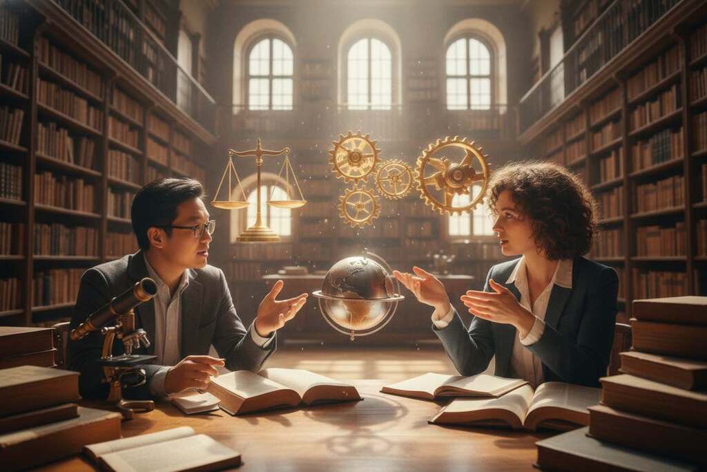 A visually striking representation of the themes of Rationalism, Materialism, and Positivism forming a new knowledge order. In the foreground, a diverse group of scholars—an Asian man and a European woman—are engaged in animated discussion, surrounded by books and scientific instruments. The middle ground features symbolic representations: a glowing scale of justice for Rationalism, a detailed globe for Materialism, and interconnected gears for Positivism, all illuminated by bright, natural light. The background depicts a library filled with historical texts and large windows allowing sunlight to filter through, creating a warm and intellectual atmosphere. The overall mood is one of enlightenment and discovery, reflecting the transformative power of these philosophies in understanding the world. The angle is slightly tilted upward, giving a sense of aspiration and depth. A visually striking representation of the themes of Rationalism, Materialism, and Positivism forming a new knowledge order. In the foreground, a diverse group of scholars—an Asian man and a European woman—are engaged in animated discussion, surrounded by books and scientific instruments. The middle ground features symbolic representations: a glowing scale of justice for Rationalism, a detailed globe for Materialism, and interconnected gears for Positivism, all illuminated by bright, natural light. The background depicts a library filled with historical texts and large windows allowing sunlight to filter through, creating a warm and intellectual atmosphere. The overall mood is one of enlightenment and discovery, reflecting the transformative power of these philosophies in understanding the world. The angle is slightly tilted upward, giving a sense of aspiration and depth.