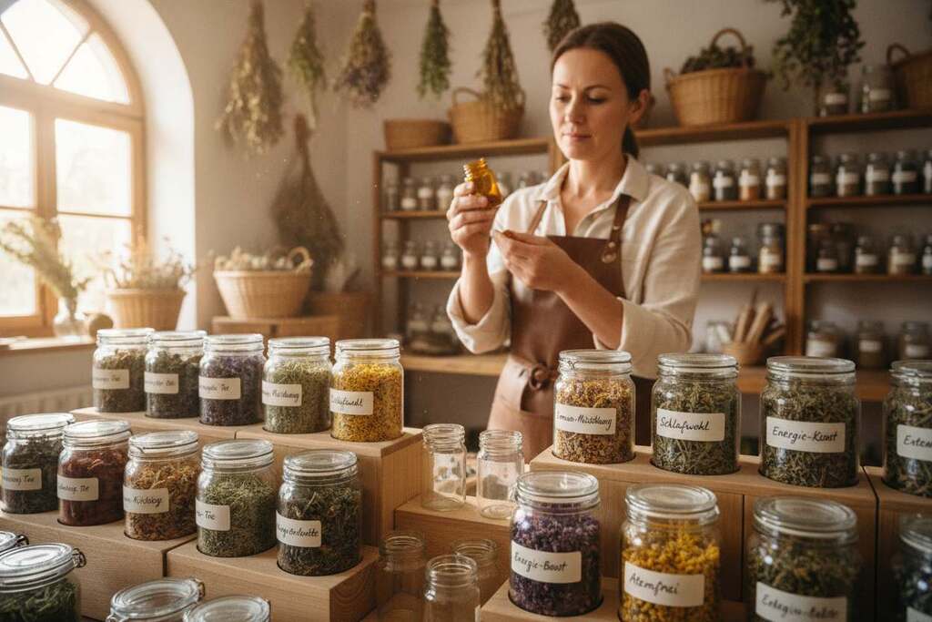A well-organized and visually appealing display of a modular system showcasing a variety of herbal mixtures, emphasizing the "Baukastensystem" concept. In the foreground, include neatly arranged jars filled with colorful herbs and plants, each labeled with distinct names of herbal mixtures. The middle ground features a professional European herbalist in modest casual attire, thoughtfully examining the mixtures. The background consists of a softly blurred herbal workshop filled with shelves of dried plants and natural light streaming through a window, creating a warm, inviting atmosphere. Use a realistic lens effect to focus on the foreground while keeping the background slightly out of focus, enhancing overall depth and interest in the scene.