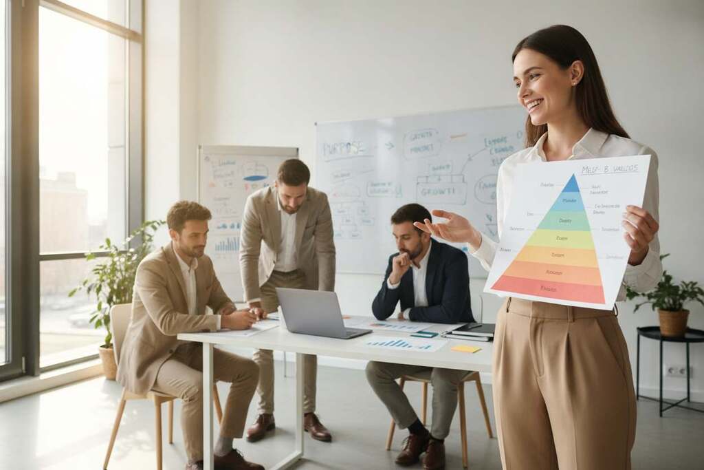 In a serene, modern office environment, a diverse group of European business professionals in smart, casual attire discuss concepts of metamotivation and values beyond basic needs. In the foreground, a confident woman gestures enthusiastically, holding a visual representation of Maslow’s hierarchy, with colors symbolizing different levels of needs, blending from basic needs at the bottom to higher-level B-values at the top. The middle ground shows two men, one analyzing charts on a laptop, while the other listens thoughtfully, embodying collaboration and growth. In the background, a whiteboard filled with diagrams and motivational quotes creates a stimulating atmosphere. Soft, natural lighting from a large window casts a warm glow, enhancing the image’s inspirational mood, while a wide-angle lens captures the vibrant, engaging scene.
