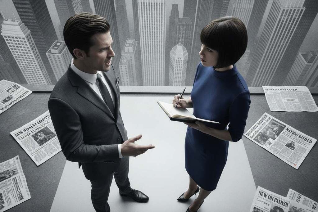 In a thought-provoking scene illustrating the dynamics of politics and media creating adversaries, depict two well-dressed European characters, one male and one female, standing confidently in the foreground. The male character, in a tailored suit, gestures emphatically as he speaks, while the female character in a professional dress listens intently, holding a notepad. In the middle ground, a backdrop of a city skyline symbolizes the political arena, and scattered newspaper headlines hint at sensational media narratives. The lighting should be dramatic, with shadows emphasizing the seriousness of the topic, and a slightly desaturated color palette to evoke tension. High-angle perspective to capture the intensity of their discussion, conveying feelings of conflict and division in society. The overall atmosphere should be charged, reflecting the psychological mechanisms at play in contemporary politics.