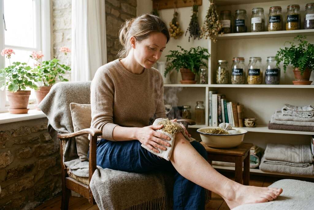 A calming, serene setting depicting a European woman in modest casual clothing, gently applying a warm hay flower compress to her knee, symbolizing relief from chronic joint pain. Foreground elements include the soft texture of the hay flowers and the woman's hands, showcasing the warmth and soothing nature of the compress. In the middle ground, a cozy, sunlit room filled with natural light filtering through a window, casting gentle shadows. The background features shelves adorned with herbal remedies and plants, enhancing the holistic vibe. The overall atmosphere is peaceful and healing, with warm tones and soft focus, evoking a sense of natural wellness and comfort.