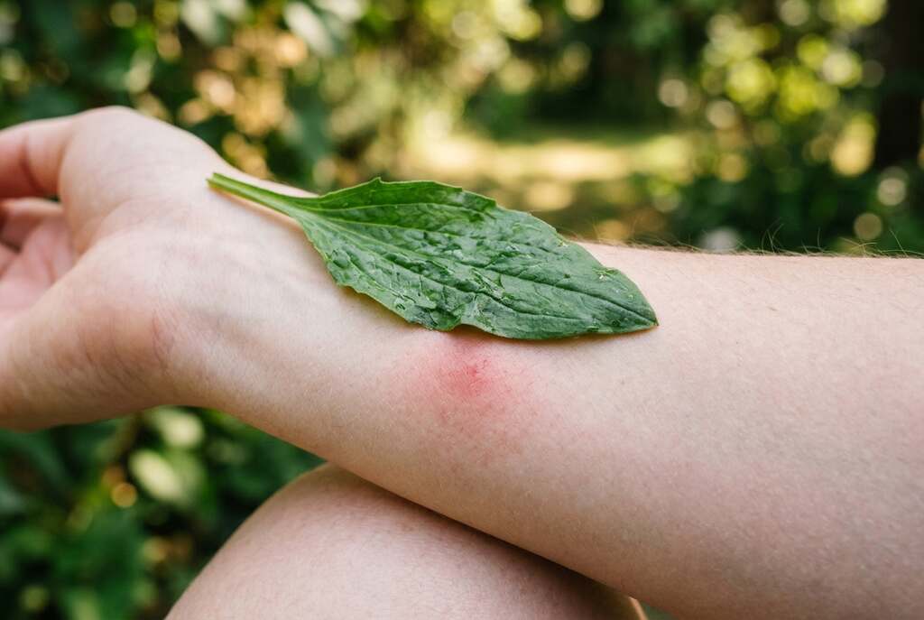A close-up image of a crushed plantain leaf (Plantago lanceolata) placed gently on human skin, showing a mosquito bite with slight redness and irritation around it. The leaf is vividly green, detailed with natural texture and veins, contrasting the light tone of the skin. In the background, softly blurred, are hints of a serene outdoor setting to imply natural healing. The lighting is bright and natural, enhancing the freshness of the leaf and the skin's appearance. The angle should be slightly above, capturing the leaf and the affected skin while also giving depth to the composition. The overall mood is calm and restorative, suggesting a focus on natural remedies and healing.