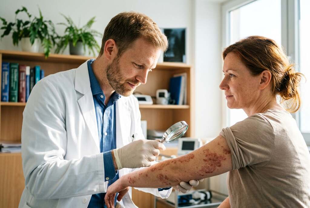 A close-up of a clinician examining a patient with Lupus vulgaris under natural sunlight, showcasing the skin lesions in detail. The foreground features a European male doctor, dressed in a professional white coat, gently analyzing the patient's skin with a magnifying glass. The middle ground includes a well-lit hospital room with soft sunlight filtering through a window, highlighting the textures of both the skin and the medical equipment. The background displays shelves filled with medical books and plants, creating a calm, healing atmosphere. The angle captures the interaction between the doctor and patient, emphasizing compassion and care. The overall mood is hopeful and serene, reflecting the therapeutic benefits of sunlight in treating skin conditions. A close-up of a clinician examining a patient with Lupus vulgaris under natural sunlight, showcasing the skin lesions in detail. The foreground features a European male doctor, dressed in a professional white coat, gently analyzing the patient's skin with a magnifying glass. The middle ground includes a well-lit hospital room with soft sunlight filtering through a window, highlighting the textures of both the skin and the medical equipment. The background displays shelves filled with medical books and plants, creating a calm, healing atmosphere. The angle captures the interaction between the doctor and patient, emphasizing compassion and care. The overall mood is hopeful and serene, reflecting the therapeutic benefits of sunlight in treating skin conditions.