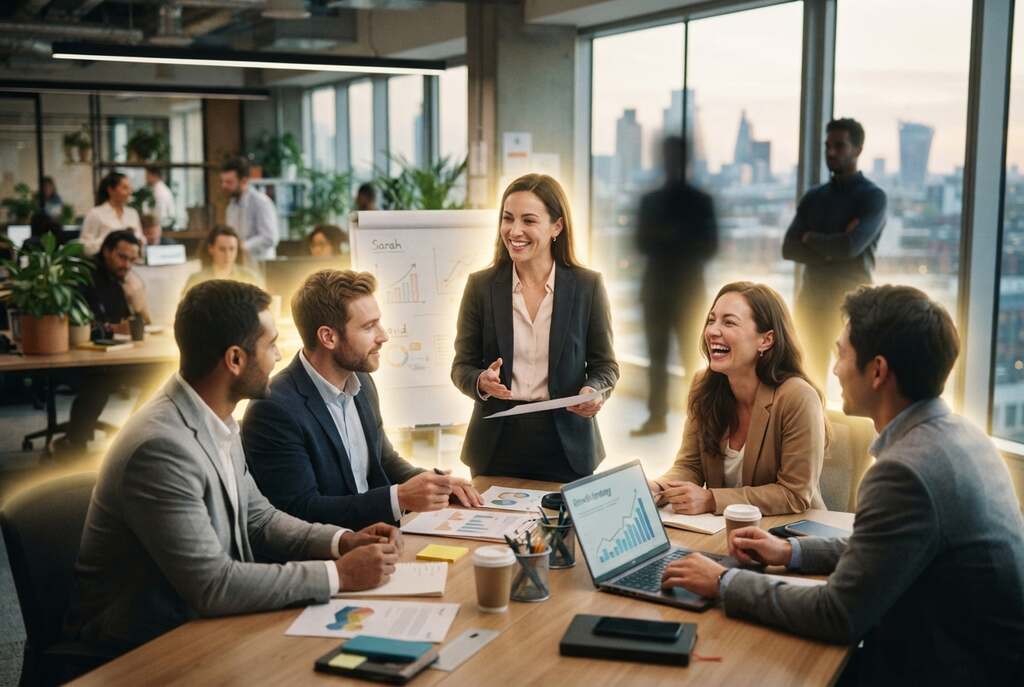 A conceptual representation of the psychological mechanism of self-fulfilling prophecy, showcasing an office environment. In the foreground, a diverse group of professionals (in business attire) engage in a collaborative discussion, illustrating the impact of expectations. The middle ground features an ethereal glow around the individuals, symbolizing the influence of positive expectations, while a shadowy figure in the background represents doubt and skepticism. Soft, diffused lighting highlights the faces of the people, capturing their expressions of determination and optimism. A blurred city skyline is visible through a large window, suggesting an open environment filled with potential. The atmosphere is hopeful and inspiring, emphasizing the transformative power of belief in oneself and others.