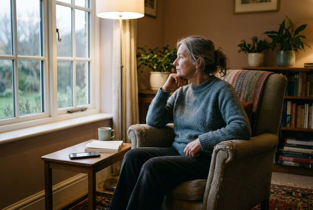 A contemplative European person in a cozy, softly lit living room, dressed in modest casual attire, sits on a comfortable armchair. Their gaze is directed out of a large window, lost in thought, embodying a sense of longing and introspection. On a small table beside them, a smartphone lies untouched, symbolizing the conscious decision to disconnect. The background features gentle, muted colors with an inviting ambiance, showcasing houseplants and warm lighting. The scene captures a blend of melancholy and tranquility, emphasizing a personal moment of reflection on deeper feelings of yearning. The composition is inviting, with a shallow depth of field, focusing on the individual while softly blurring the surroundings to create an intimate atmosphere.