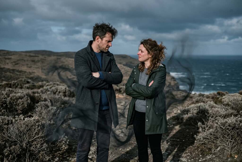A dramatic scene illustrating the theme of unresolved resentment and emotional turmoil. In the foreground, a European man and woman stand facing each other, their expressions reflecting a deep-seated conflict, with their brows furrowed and arms crossed. The middle ground features a subtle depiction of shadows swirling around them, symbolizing the return of old grievances. In the background, a desolate landscape evokes feelings of melancholia, with dark clouds gathering overhead and a muted color palette of blues and grays. The lighting is dim, with a soft, diffused glow illuminating the subjects, casting long shadows that stretch ominously. The overall atmosphere is tense and charged, reflecting the struggles of lingering emotions and the journey towards inner peace.