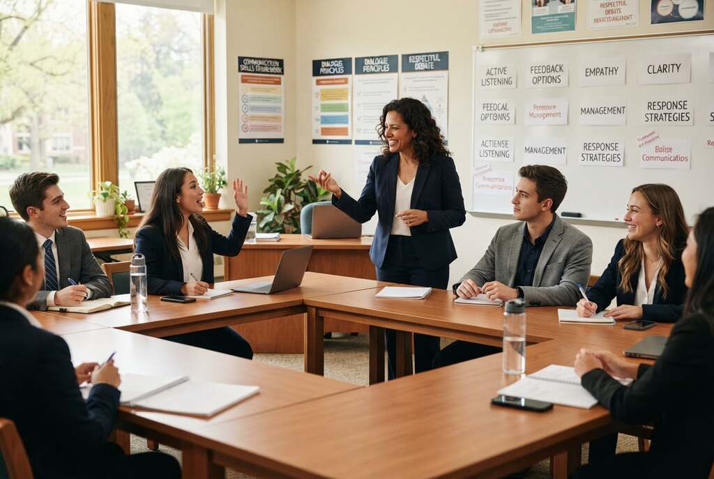 A dynamic classroom scene showcasing effective communication and conversation management during a discussion. In the foreground, a diverse group of engaged students, wearing professional business attire, are seated at desks, actively participating in a conversation with their teacher. The middle ground features a teacher, gesturing expressively, facilitating an open dialogue, radiating enthusiasm and authority. The background shows a well-organized classroom with educational posters related to communication techniques and a whiteboard filled with keywords. Soft, natural light filters in through large windows, creating a warm and inviting atmosphere, while the angle emphasizes the interaction between the teacher and students, highlighting the importance of response options in effective communication.