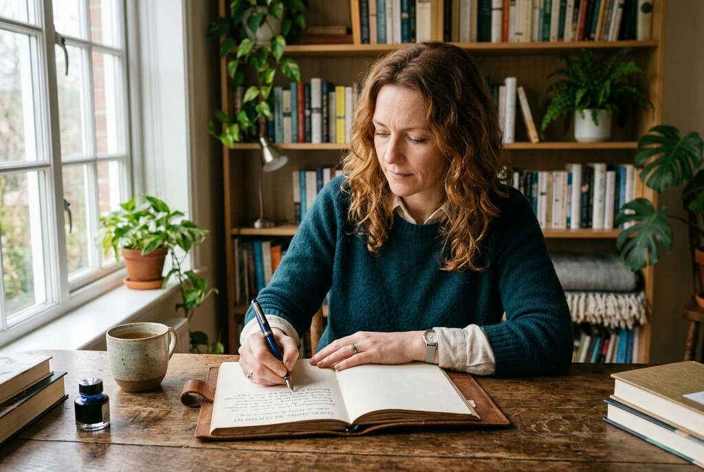 A European person, dressed in smart casual attire, is sitting at a rustic wooden desk, deeply focused as they write thoughts about overcoming resentment in a leather-bound notebook. The foreground features the notebook with elegantly scribbled notes and a classic fountain pen. In the middle ground, the person has a thoughtful expression, surrounded by soft natural light filtering through a window, casting gentle shadows. The background displays shelves filled with books and greenery, creating a serene atmosphere. The color palette is warm and inviting, evoking a sense of contemplation and inner peace. The image captures a moment of reflection and personal growth, embodying the themes of understanding and healing.