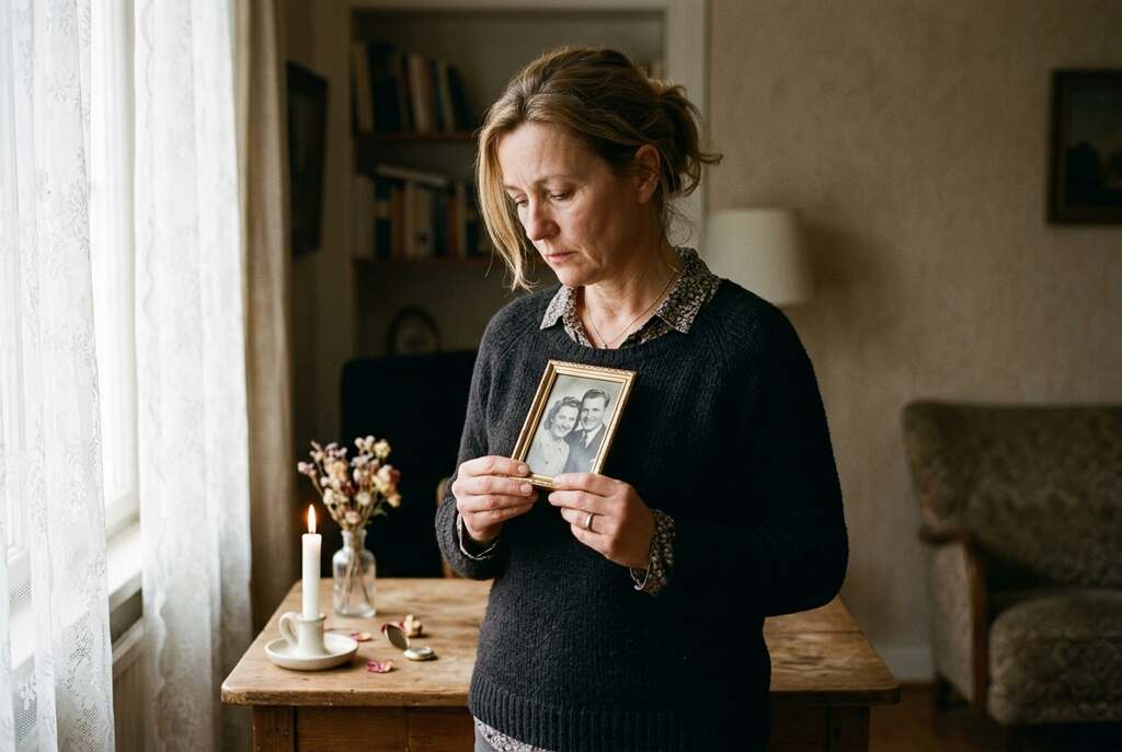 A European person stands in a softly lit room, their expression reflecting a mix of sadness and contemplation as they hold a cherished personal memento, perhaps a photograph or a small keepsake. In the foreground, the person's hands delicately grip the item, highlighting its emotional significance. The middle ground features a small, serene table adorned with a flickering candle, creating a warm ambiance. In the background, gentle light filters through a window, casting soft shadows that evoke a sense of introspection. The overall atmosphere is one of quiet reflection, emphasizing themes of loss and memory. The person is dressed in modest casual clothing, enhancing the emotional depth of the scene.