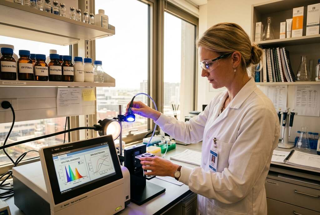 A European scientist in a professional lab coat examines two distinct light sources representing UV-B radiation and visible light. In the foreground, a high-tech spectrometer emits a soft glow, with charts illustrating skin reactions nearby. In the middle ground, a large glass window shows the bright sunlight streaming in, casting dynamic shadows across the laboratory. The background features laboratory shelves filled with skincare products and research materials, hinting at the theme of healing. The lighting is bright and natural, highlighting the contrast between the harsh UV and soft visible light. The atmosphere is a mix of scientific exploration and hope, capturing the essence of healing through sunlight. The image should have a warm tone, conveying positivity and innovation. A European scientist in a professional lab coat examines two distinct light sources representing UV-B radiation and visible light. In the foreground, a high-tech spectrometer emits a soft glow, with charts illustrating skin reactions nearby. In the middle ground, a large glass window shows the bright sunlight streaming in, casting dynamic shadows across the laboratory. The background features laboratory shelves filled with skincare products and research materials, hinting at the theme of healing. The lighting is bright and natural, highlighting the contrast between the harsh UV and soft visible light. The atmosphere is a mix of scientific exploration and hope, capturing the essence of healing through sunlight. The image should have a warm tone, conveying positivity and innovation.