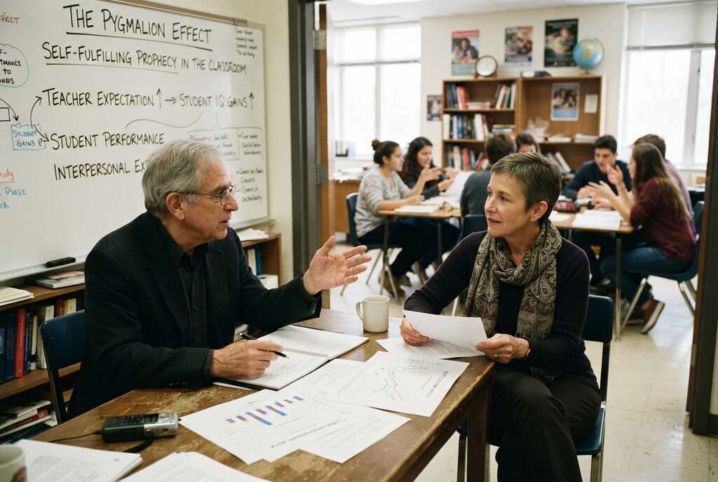 A focused scene depicting Robert Rosenthal and Lenore Jacobson in a bustling academic environment, embodying the essence of educational psychology. In the foreground, both figures, dressed in professional business attire, engage in a thoughtful conversation, surrounded by charts and papers symbolizing research findings. The middle ground features a whiteboard filled with insights on the Pygmalion Effect, illustrating the impact of expectations on student performance. In the background, an engaging classroom setting with diverse students absorbed in learning, casting gentle shadows from soft, natural light. The atmosphere is intellectually vibrant, conveying curiosity and collaboration, with warm tones to evoke a sense of optimism and inspiration. A slight depth of field focuses on Rosenthal and Jacobson, enhancing their expressions of insight and engagement.
