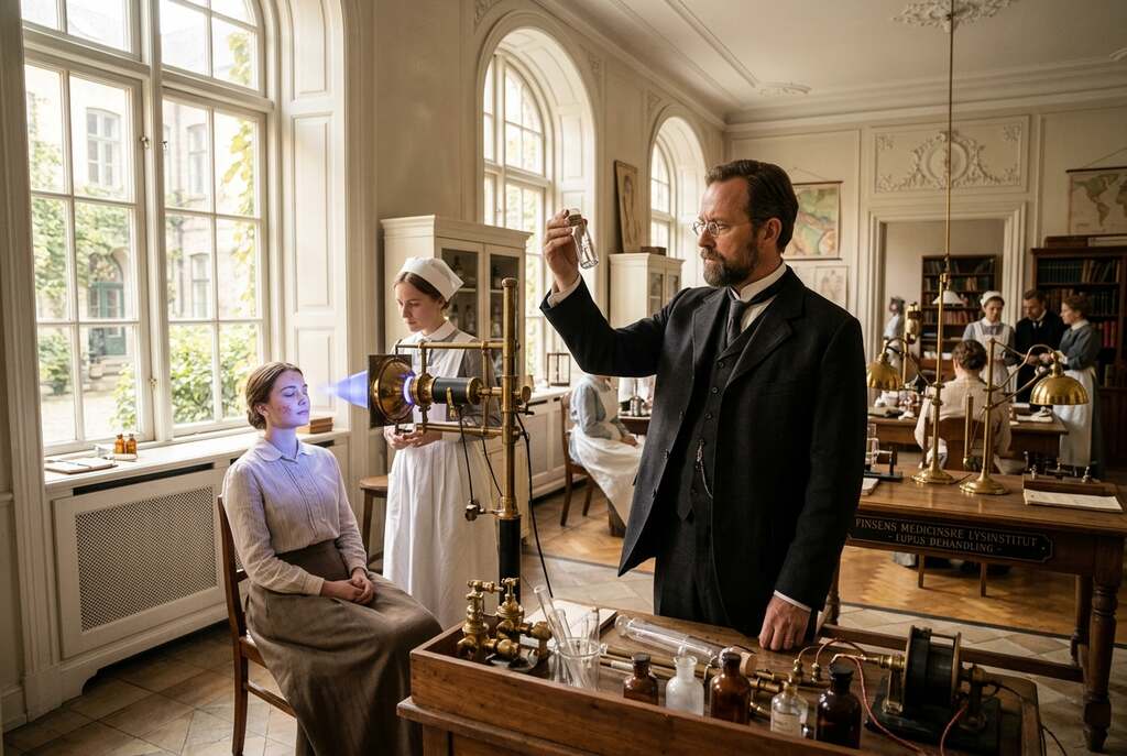 A historical medical scene showcasing Finsen's contributions to dermatology, set in a well-lit, elegant laboratory with vintage medical instruments. In the foreground, a European male doctor in professional attire examines a glass vial containing light therapy equipment, symbolizing the transition from early light treatment to modern dermatology. In the middle, a patient with a calm expression is seated, receiving light therapy, showcasing the healing process. The background features large windows filtering in warm sunlight that creates a serene atmosphere, enhancing the sense of hope and innovation. The lighting is soft and natural, with a focus on the interaction between the doctor and patient, conveying a mood of professionalism and care. The composition is captured from a slightly elevated angle, emphasizing the connection between past practices and modern medicine. A historical medical scene showcasing Finsen's contributions to dermatology, set in a well-lit, elegant laboratory with vintage medical instruments. In the foreground, a European male doctor in professional attire examines a glass vial containing light therapy equipment, symbolizing the transition from early light treatment to modern dermatology. In the middle, a patient with a calm expression is seated, receiving light therapy, showcasing the healing process. The background features large windows filtering in warm sunlight that creates a serene atmosphere, enhancing the sense of hope and innovation. The lighting is soft and natural, with a focus on the interaction between the doctor and patient, conveying a mood of professionalism and care. The composition is captured from a slightly elevated angle, emphasizing the connection between past practices and modern medicine.