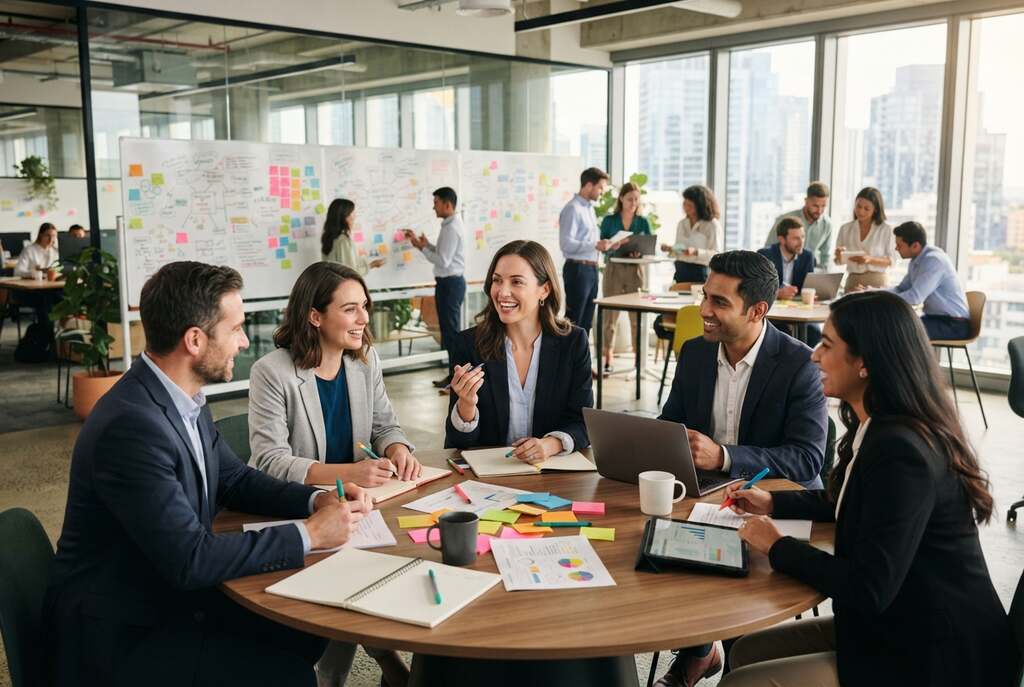 A modern, collaborative learning environment set in a bright, open office space filled with enthusiastic participants engaged in critical thinking exercises. In the foreground, a diverse group of professionals, dressed in smart business attire, gather around a sleek, circular table, sharing ideas and solving complex problems. In the middle ground, large whiteboards display colorful diagrams and post-it notes, emphasizing creative brainstorming. The background features floor-to-ceiling windows allowing natural light to flood in, casting warm shadows across the room. Soft ambient lighting enhances the focus and energy of the scene, creating an inspiring atmosphere conducive to learning and collaboration. The overall composition should evoke a sense of motivation and intellectual engagement, highlighting the importance of challenging tasks in a stimulating educational setting.