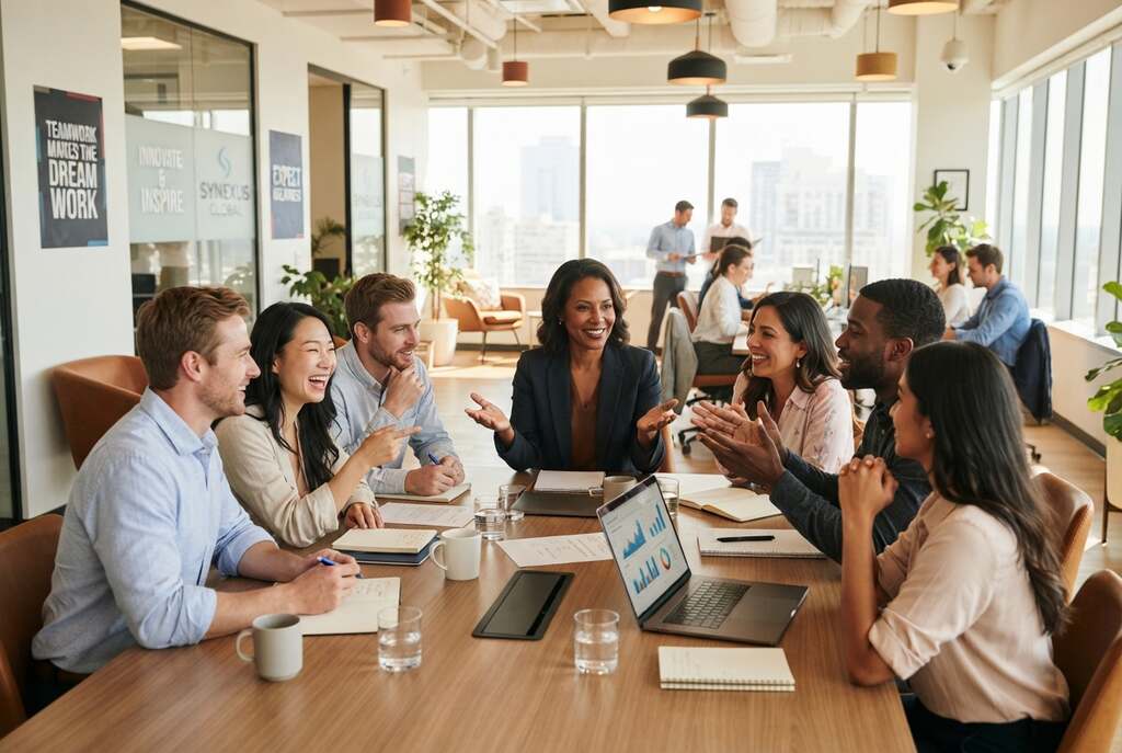 A modern office setting depicting effective leadership and employee engagement in the workplace. In the foreground, a diverse group of professionals in business attire—men and women of various ethnicities—are engaged in a collaborative discussion around a conference table, showcasing enthusiasm and positivity. In the middle ground, a confident leader guides the conversation, embodying inspiration and support. The background features a bright, well-lit office with motivational posters on the walls and large windows allowing natural light to flood in, creating an inviting atmosphere. The mood is optimistic and productive, emphasizing the influence of positive expectations on team dynamics. Use soft, warm lighting to enhance the professional yet welcoming ambiance. Focus on a medium shot captured from a slightly elevated angle to showcase the interaction and expressions of the team.