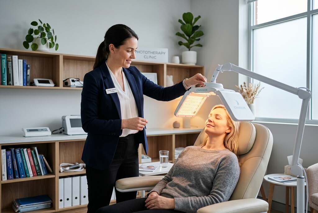 A modern phototherapy session in a sleek, well-lit medical clinic. In the foreground, a female therapist in professional business attire adjusts a sophisticated light therapy device aimed at a patient receiving treatment. The patient, a European character, sits comfortably in a reclining chair, surrounded by calming decor, such as potted plants and soft lighting. In the middle background, shelves filled with medical literature and equipment create an organized atmosphere. The lighting is a mix of soft daylight and gentle artificial lights, creating a serene and healing mood. The camera angle is slightly elevated, capturing the interaction between the therapist and the patient, emphasizing the therapeutic relationship and modern medical advancements in light therapy. A modern phototherapy session in a sleek, well-lit medical clinic. In the foreground, a female therapist in professional business attire adjusts a sophisticated light therapy device aimed at a patient receiving treatment. The patient, a European character, sits comfortably in a reclining chair, surrounded by calming decor, such as potted plants and soft lighting. In the middle background, shelves filled with medical literature and equipment create an organized atmosphere. The lighting is a mix of soft daylight and gentle artificial lights, creating a serene and healing mood. The camera angle is slightly elevated, capturing the interaction between the therapist and the patient, emphasizing the therapeutic relationship and modern medical advancements in light therapy.