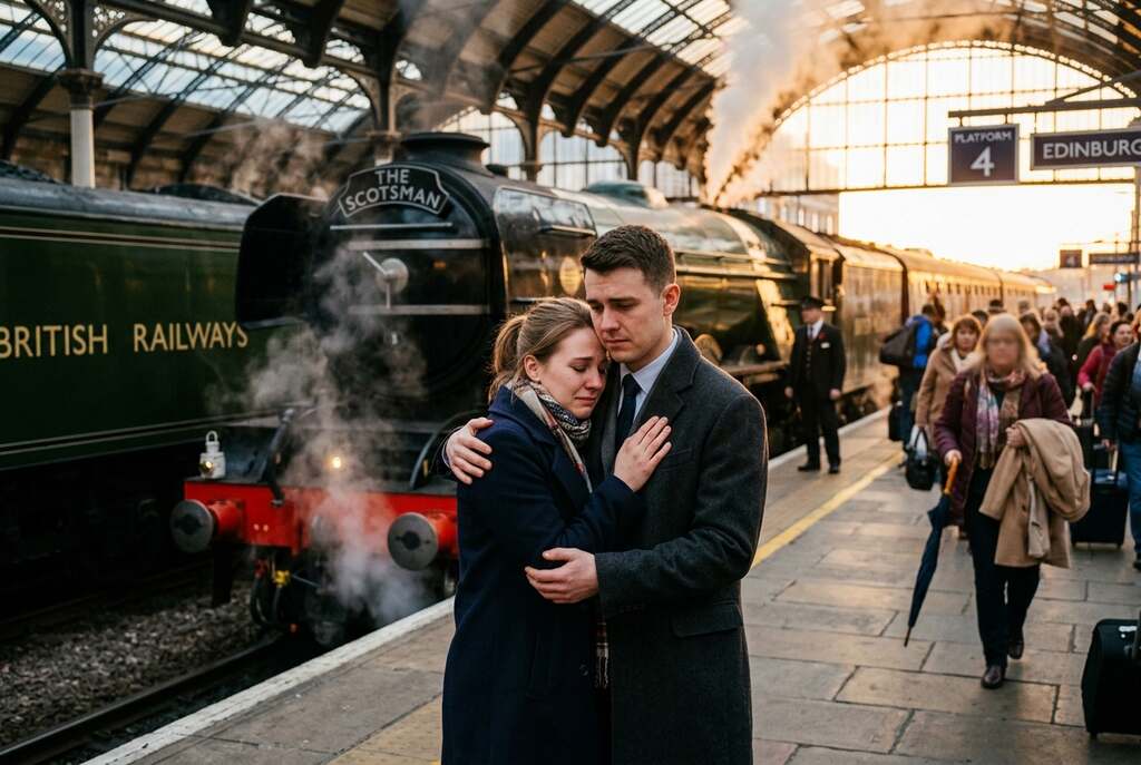 A poignant farewell scene at a train station, capturing the moment of departure between two people. In the foreground, a young European couple stands close, dressed in professional business attire, their expressions filled with a blend of sadness and longing. The woman has her head slightly bowed, while the man offers a comforting hand on her shoulder. In the middle ground, a vintage train waits on the platform, steam rising softly, embodying a sense of nostalgia. The background features blurred figures of other travelers, all enveloped in a soft, warm glow of golden hour lighting that enhances the melancholic atmosphere. The overall mood is one of bittersweet farewell, evoking feelings of sorrow and reflection, with subtle hues of blue and orange in the sky hinting at the complexities of love and loss.