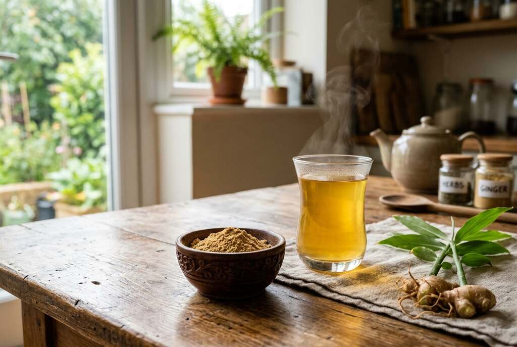 A rustic wooden table in the foreground displays a small, intricately carved bowl filled with powdered ginger root, its warm, earthy tones contrasting against the smooth surface. Beside it, an elegant glass of herbal tea steams gently, infusing the air with a rich golden hue. In the middle ground, a sprig of fresh ginger rests on a textured linen cloth, its vibrant green leaves lush and inviting. The background features a soft-focus scene of a cozy kitchen with natural light streaming in through a window, casting gentle highlights and shadows, creating a tranquil and healing atmosphere. Capture the essence of natural remedies, evoking feelings of warmth, comfort, and wellness in a serene setting.