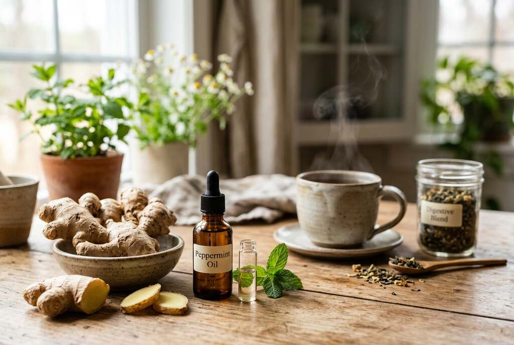 A serene and inviting kitchen scene, featuring a wooden table adorned with fresh ginger root and a small bottle of peppermint oil, both carefully arranged for a natural healing aesthetic. The foreground showcases the vibrant textures of the ginger, with its earthy skin and intricate patterns. The peppermint oil bottle, elegantly designed, reflects soft natural light, accentuating its green hue. In the middle background, a softly blurred assortment of herbal tea leaves and a steaming cup of tea adds warmth to the composition. The background features a window with gentle sunlight streaming in, casting a cozy glow across the scene. The overall mood is calming and soothing, evoking the idea of natural remedies for digestive discomfort. The image should convey a sense of wellness and healing without any text or distractions.