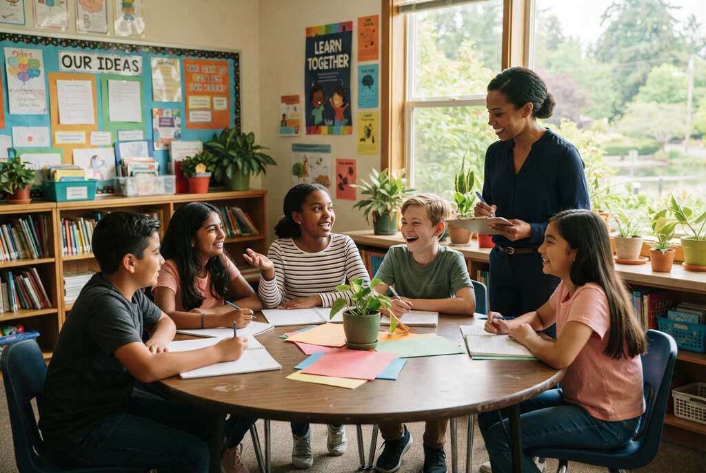 A serene classroom setting bathed in warm, natural light, featuring a diverse group of students and a teacher engaged in a collaborative discussion. In the foreground, students of varying ethnicities and ages sit around a round table, sharing ideas, smiling, and displaying positive body language that reflects trust and connection. The teacher, wearing professional attire, stands nearby, guiding the conversation with an encouraging stance. In the middle ground, colorful educational materials and plants create a vibrant atmosphere. The background showcases a large window revealing greenery outside, symbolizing a nurturing environment. The overall mood is one of warmth, support, and mutual respect, highlighting the emotional quality of relationships in a learning space.
