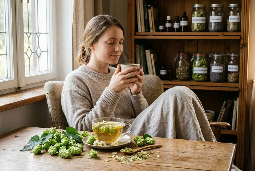 A serene composition featuring a European woman in modest casual clothing, sitting comfortably in a cozy, softly lit room. In the foreground, a delicate cup of herbal tea infused with hop flowers rests on a wooden table, surrounded by fresh hop cones and green leaves, emphasizing their calming properties. In the middle ground, a blurred background showcases a neatly arranged herb shelf filled with various jars of natural remedies, casting a warm, inviting glow. The lighting is soft and diffused, creating a tranquil atmosphere while sunlight filters gently through a nearby window. The overall mood is peaceful and restorative, effectively illustrating the soothing qualities of hop flowers for inner unrest and sleep troubles.