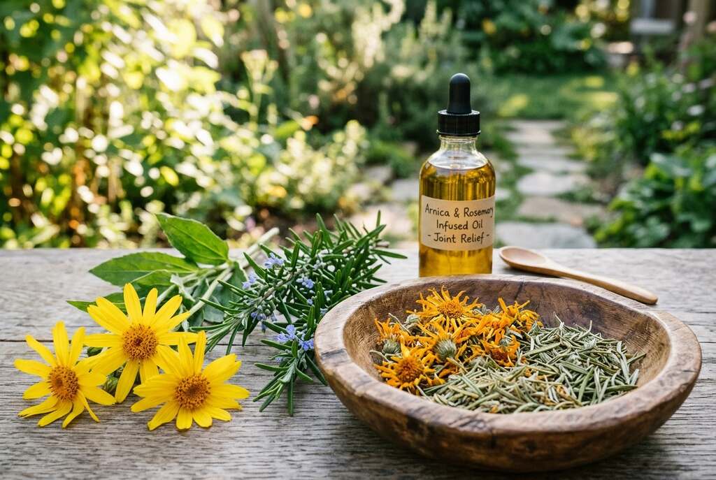 A serene herbal setting featuring a close-up image of Arnica flowers in vibrant yellow and fresh Rosemary sprigs with green leaves. In the foreground, a wooden bowl holds a blend of dried Arnica and Rosemary, suggesting their use for joint pain relief. In the middle ground, a glass bottle filled with infused oil sits beside the herbs, capturing warm natural light. The background gently fades to a soft, blurred garden, promoting calmness and natural healing. The scene is illuminated by soft sunlight filtering through leaves, creating an inviting atmosphere perfect for conveying the essence of natural remedies. The composition should have a slightly elevated angle to enhance the details and textures of the plants, ensuring a fresh and organic look.
