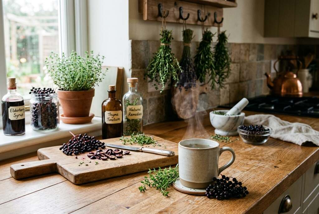 A serene herbal setting showcasing a cozy kitchen countertop filled with fresh thyme and elderberries as natural remedies for cold relief. In the foreground, a steaming cup of thyme tea rests on a wooden table, surrounded by sprigs of vibrant green thyme and clusters of dark purple elderberries. In the middle, a gently worn cutting board holds sliced elderberries and a few thyme leaves, with sunlight softly illuminating the rich textures and colors of the ingredients. The background features a blurred kitchen scene, with soft-focus herbs hanging from hooks and gentle natural light filtering through a window, creating a warm and inviting atmosphere. This image should evoke feelings of comfort and natural healing.