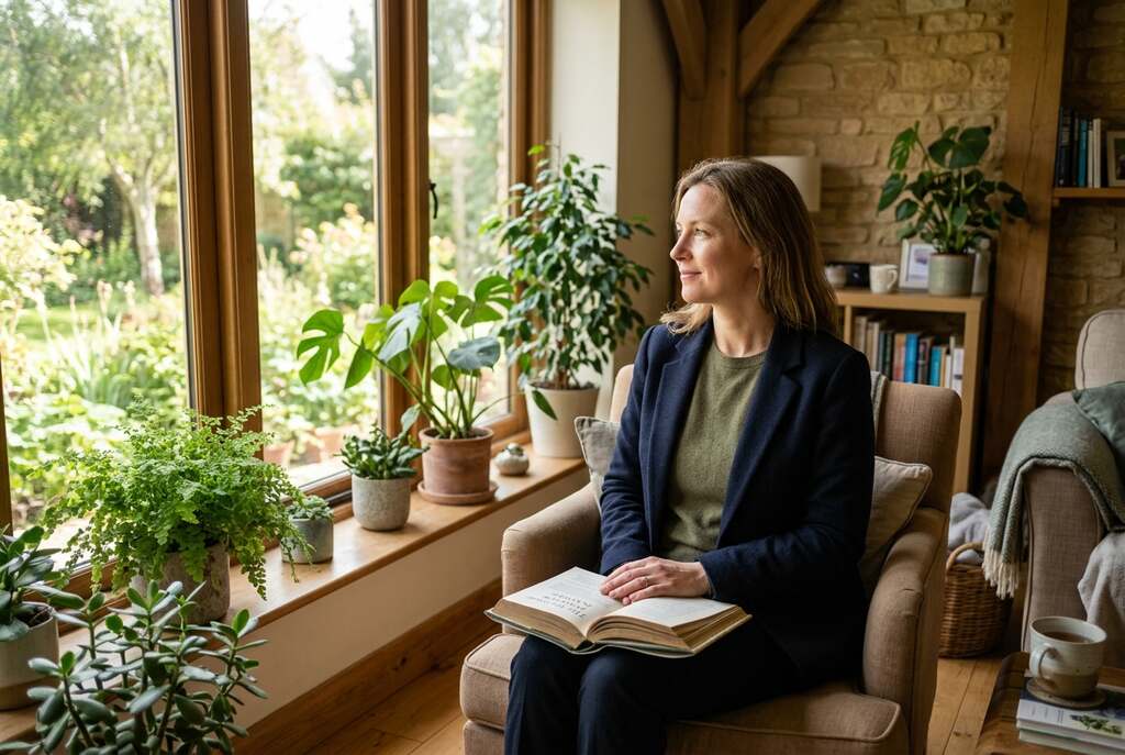 A serene indoor setting featuring a European woman sitting by a large window, illuminated by soft daylight. She is dressed in professional attire, in an environment that suggests a blend of home and healing space, like a cozy living room or a quiet office. The woman appears relaxed, with a book on her lap, absorbing the natural light streaming in, creating gentle shadows across her face. In the background, lush green plants can be seen, enhancing the tranquil atmosphere. The lighting is warm and inviting, captured from a slightly elevated angle to emphasize both the subject and the interplay of light and shadow. The overall mood is calm and reflective, emphasizing the healing power of sunlight in everyday life. A serene indoor setting featuring a European woman sitting by a large window, illuminated by soft daylight. She is dressed in professional attire, in an environment that suggests a blend of home and healing space, like a cozy living room or a quiet office. The woman appears relaxed, with a book on her lap, absorbing the natural light streaming in, creating gentle shadows across her face. In the background, lush green plants can be seen, enhancing the tranquil atmosphere. The lighting is warm and inviting, captured from a slightly elevated angle to emphasize both the subject and the interplay of light and shadow. The overall mood is calm and reflective, emphasizing the healing power of sunlight in everyday life.
