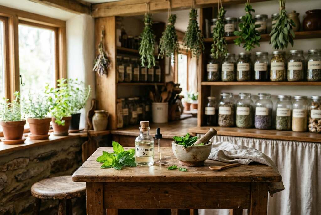 A serene, inviting herbal kitchen setting as the foreground, featuring a small wooden table with a glass bottle of peppermint oil, surrounded by fresh peppermint leaves and a mortar and pestle. In the middle, soft lighting illuminates the scene, hinting at a soothing atmosphere, suitable for natural healing. The background shows subtle details of a cozy, rustic kitchen with herbs hanging to dry and shelves lined with jars of various natural remedies. The camera angle is slightly above the table, allowing the viewer to feel a connection to the scene. The overall mood is calm and healing, reflecting the beneficial properties of peppermint oil in treating irritable bowel syndrome. No text or watermarks included.